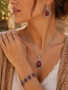 Anthropologie Silver-Tone Red Stone Necklace, Bracelet & Earring Set